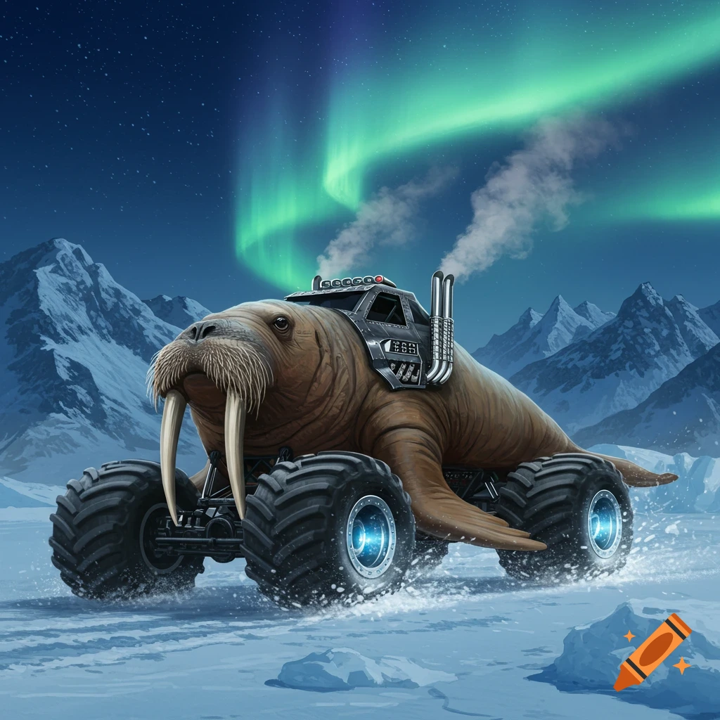 A walrus monster truck with large wheels and exhaust pipes drives through a snowy arctic landscape under a vibrant green aurora borealis.