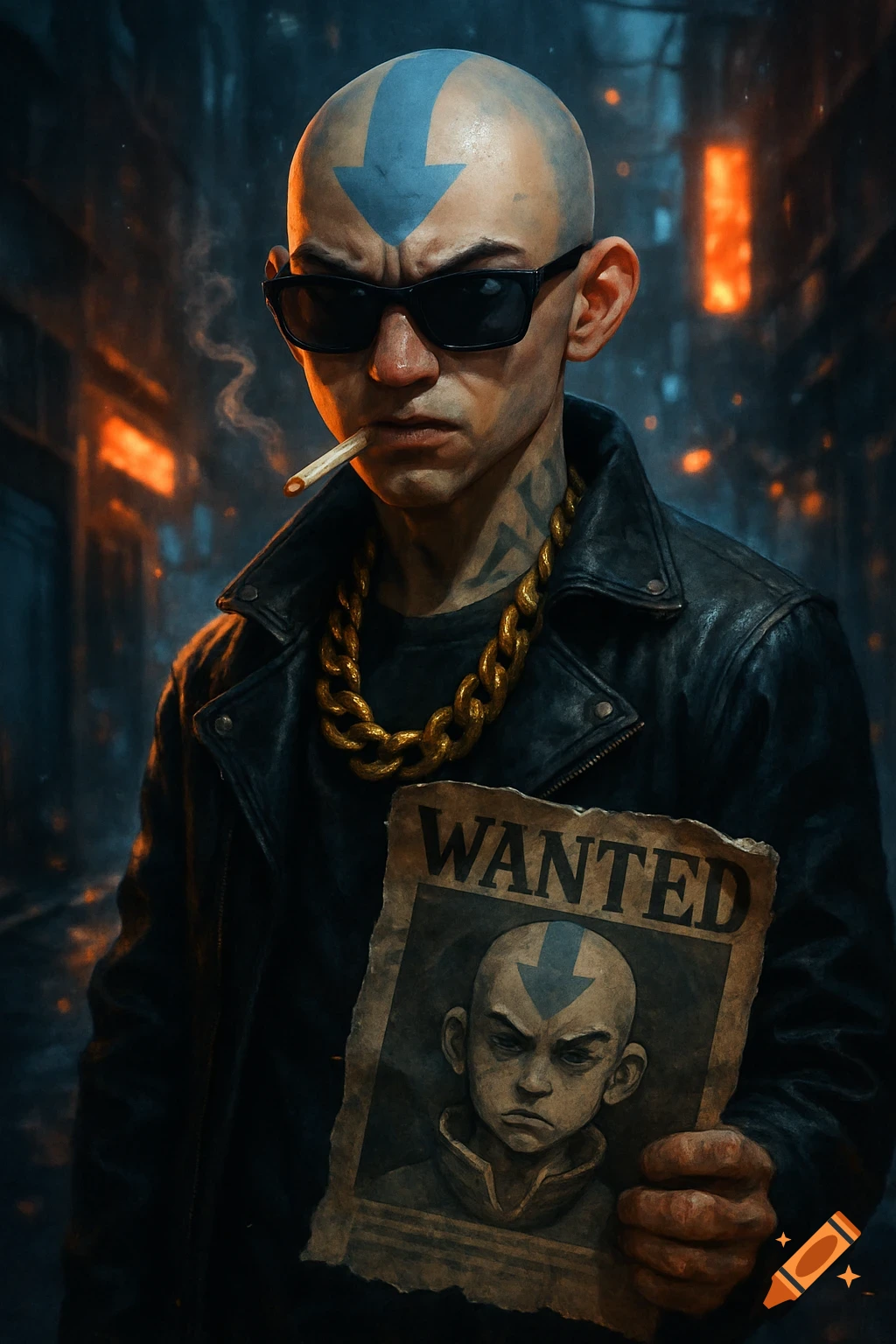 A grim, punk-style Aang with an arrow tattoo, sunglasses, and gold chain smokes a cigarette and holds a wanted poster in a dark, urban setting.