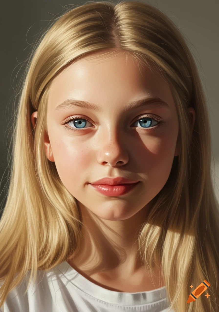 Photorealistic portrait of a young blonde girl with bright blue eyes, long hair, and a gentle smile, bathed in soft natural light.