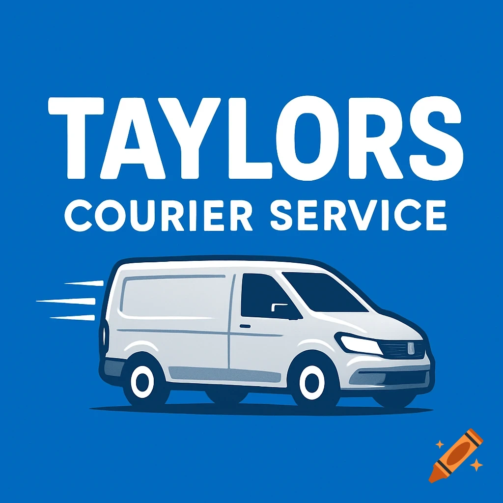 Blue logo with white text 'TAYLORS COURIER SERVICE' above a white delivery van with motion lines.