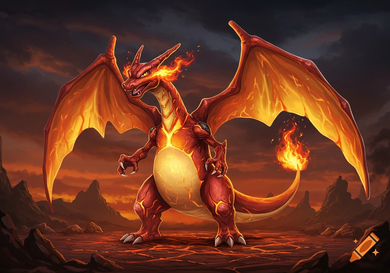 Reimagined Charizard, a red bipedal dragon with fiery wings and glowing eyes, standing on a volcanic landscape under a stormy sky, digital art.