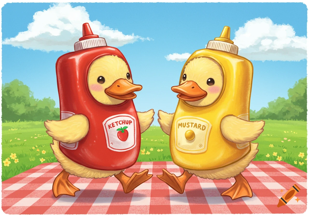 Cute cartoon illustration of two ducks in ketchup and mustard costumes on a picnic blanket.