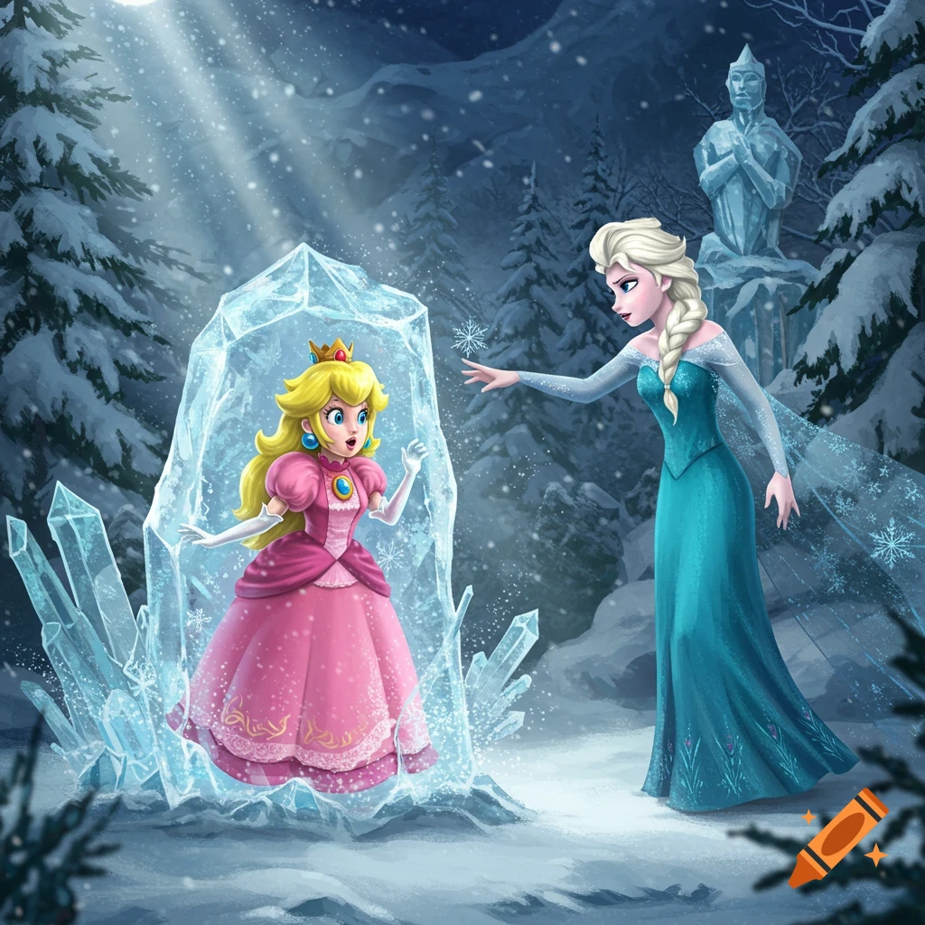 Cartoon illustration of Princess Peach trapped in a large ice block as Elsa conjures ice magic in a snowy forest.