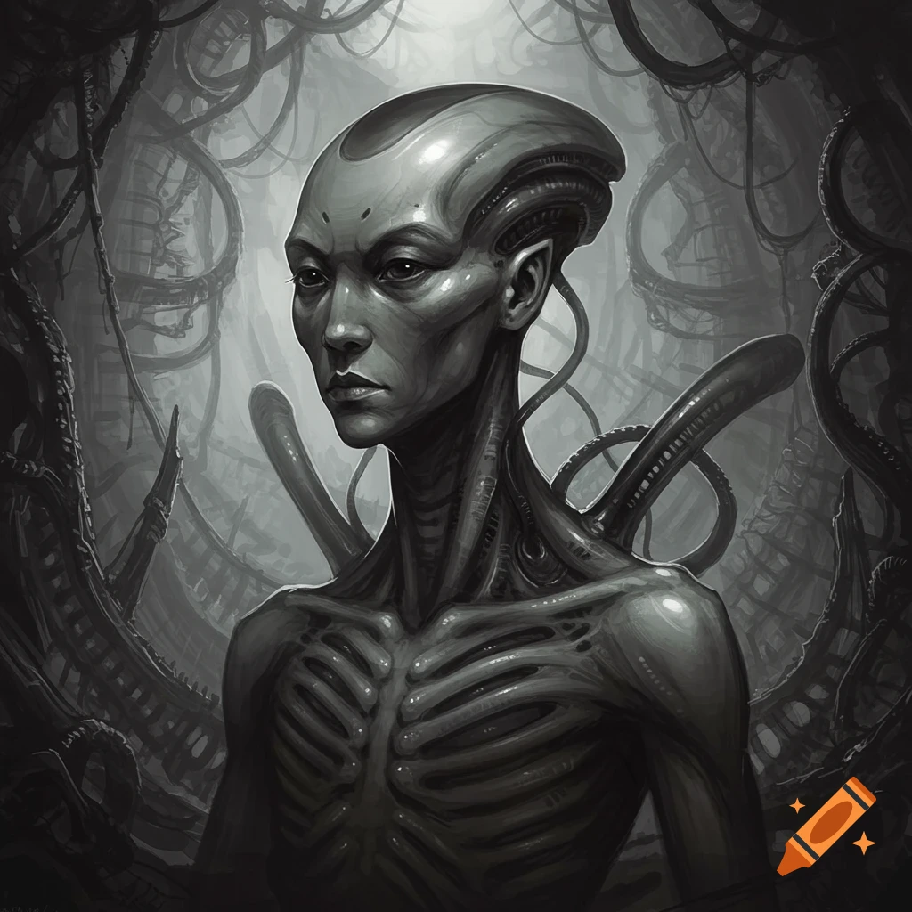 A dark, monochromatic portrait of an alien-like creature with a ribbed torso and bio-mechanical elements, in the style of H.R. Giger.