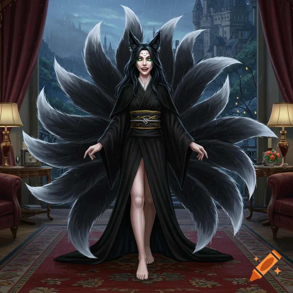 A dark-haired woman with fox ears and multiple black fox tails wears a black kimono in an elegant room, a rainy castle visible outside the window. Digital art.