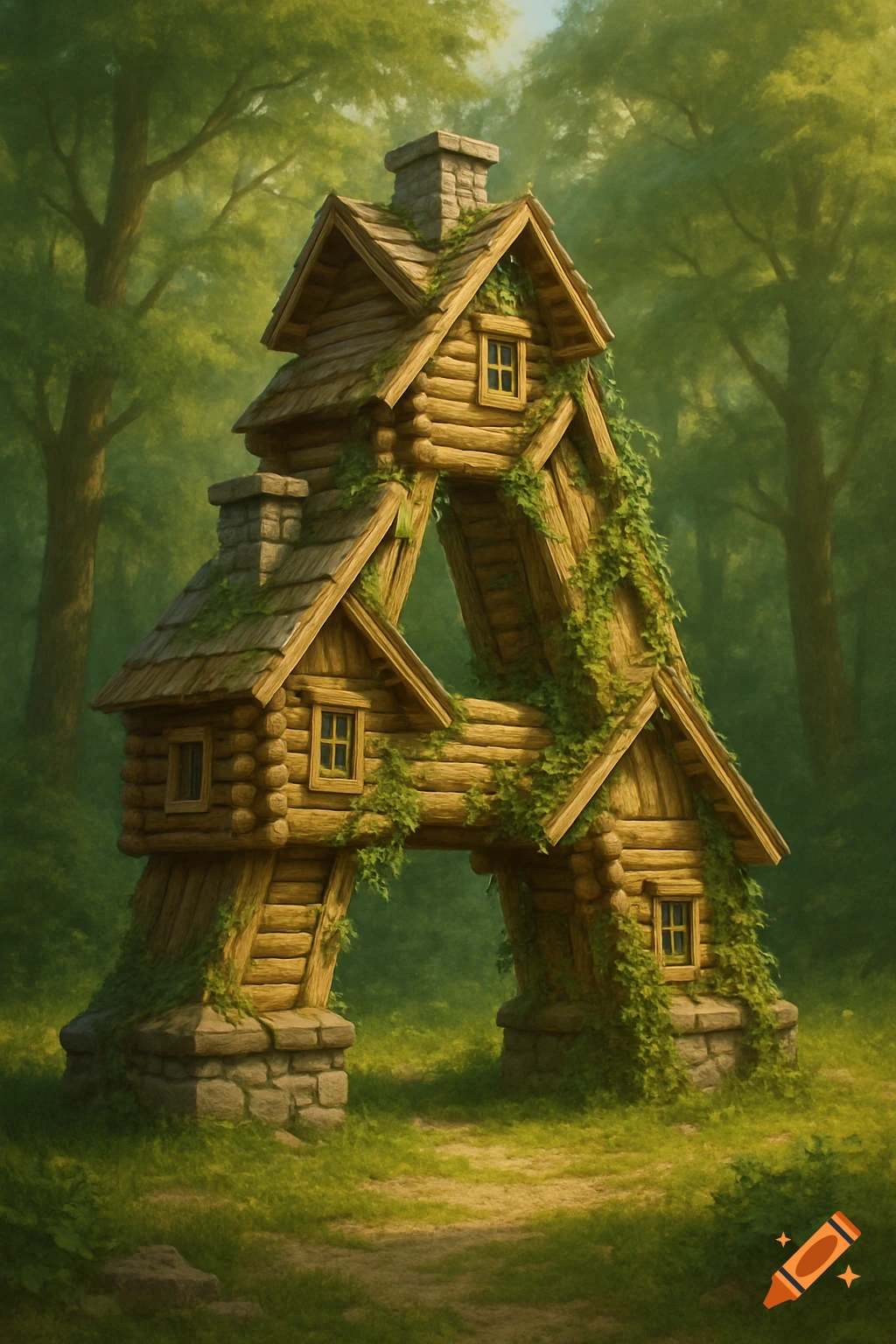 A letter A formed by rustic log cabins covered in vines, set in a lush green forest, in a fantasy art style.
