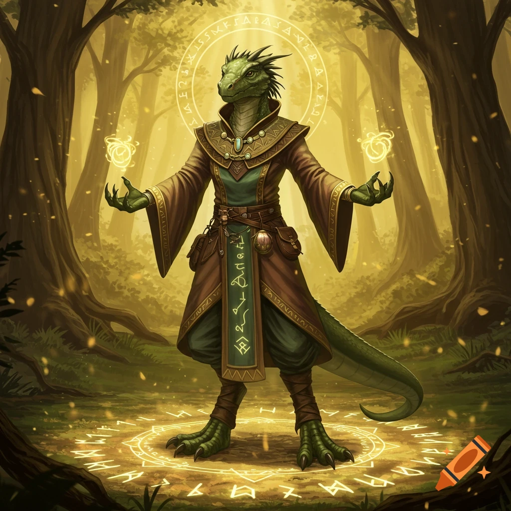 A lizardfolk cleric in a brown and green robe stands in an enchanted forest, surrounded by glowing runic circles, holding two orbs of magic.