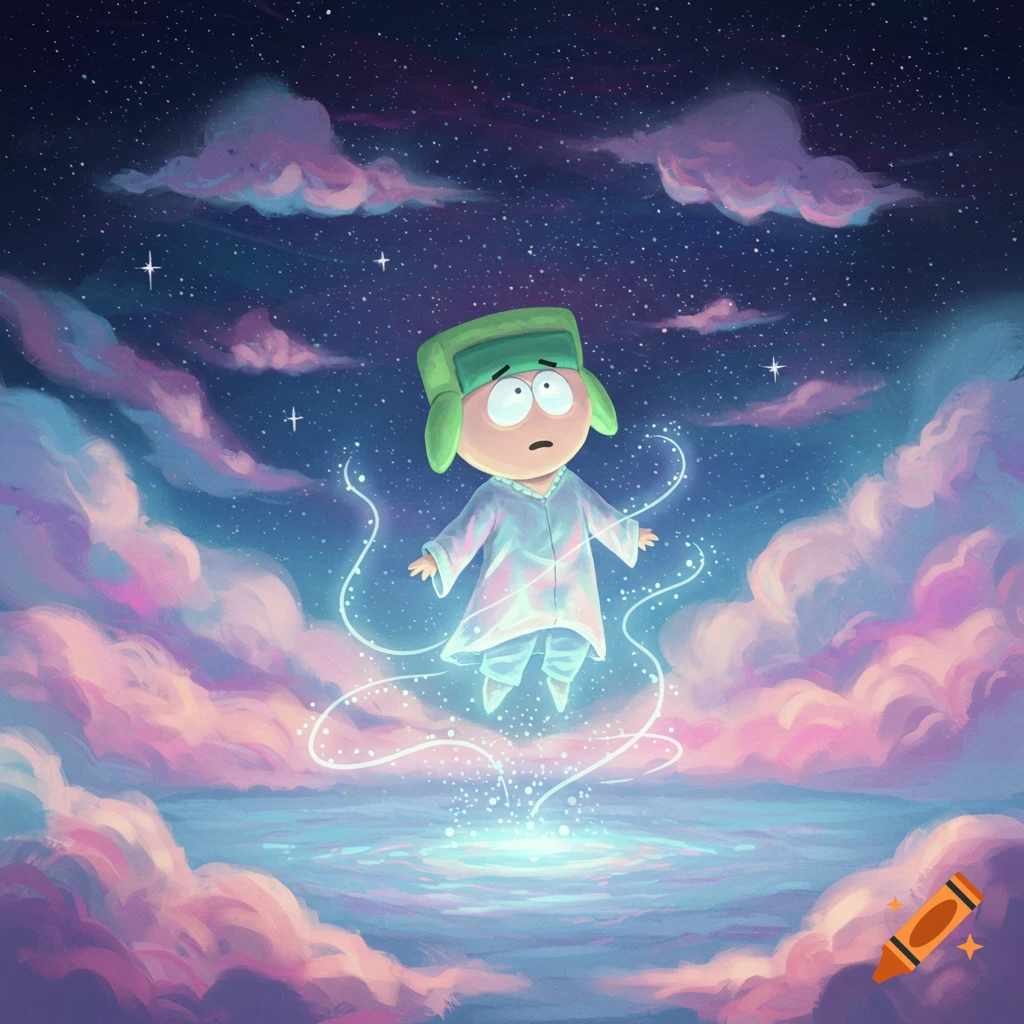 Kyle from South Park floats in a dreamlike starry sky with pink clouds above glowing water.
