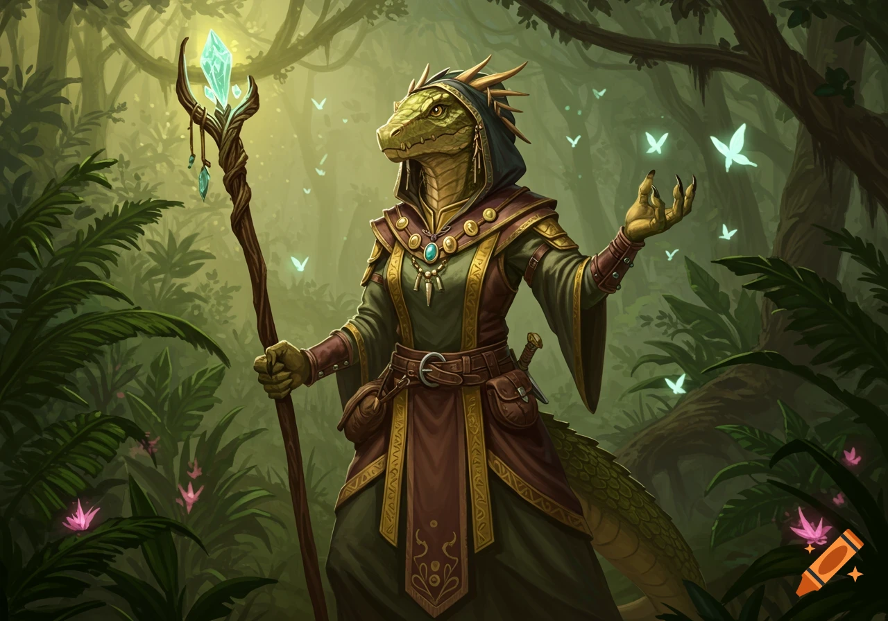 A lizardfolk cleric in robes holds a glowing staff and gestures towards luminous butterflies in a mystical forest.