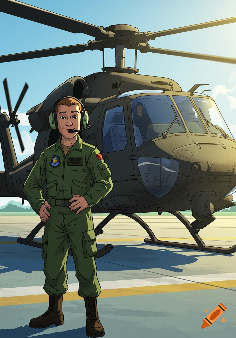 Cartoon military crew chief in green uniform smiles, standing with hands on hips in front of a large military helicopter on an airfield.