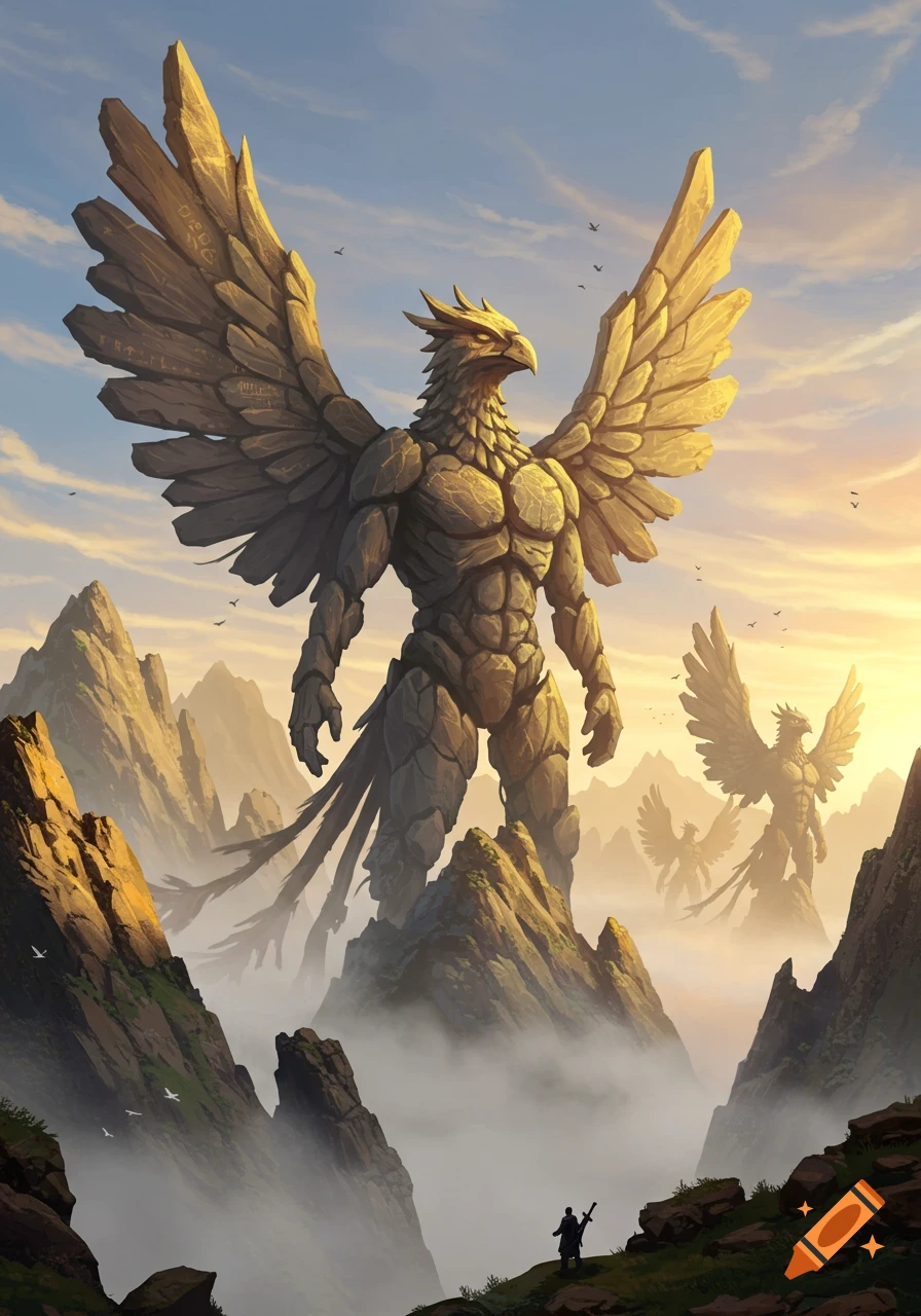 Two colossal rock phoenix statues stand amidst misty mountains at sunset, with a small adventurer looking on.