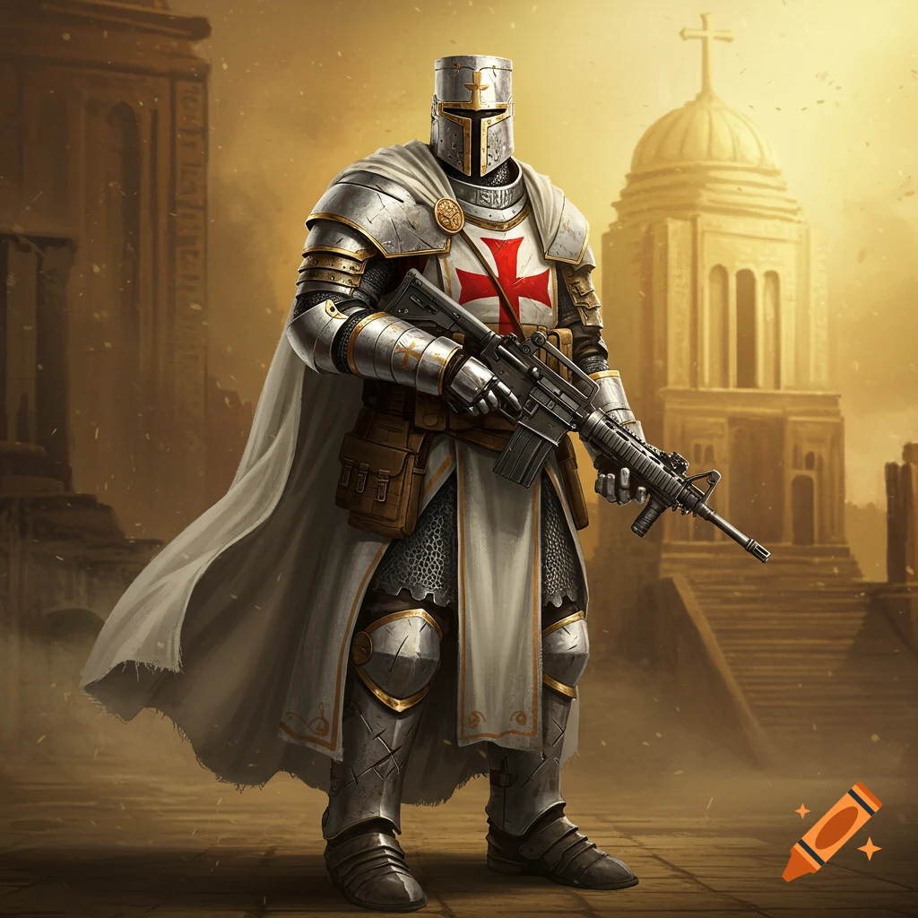 Realistic digital art of a crusader in white armor with a red cross, holding an M4 rifle, in a golden, hazy temple setting.