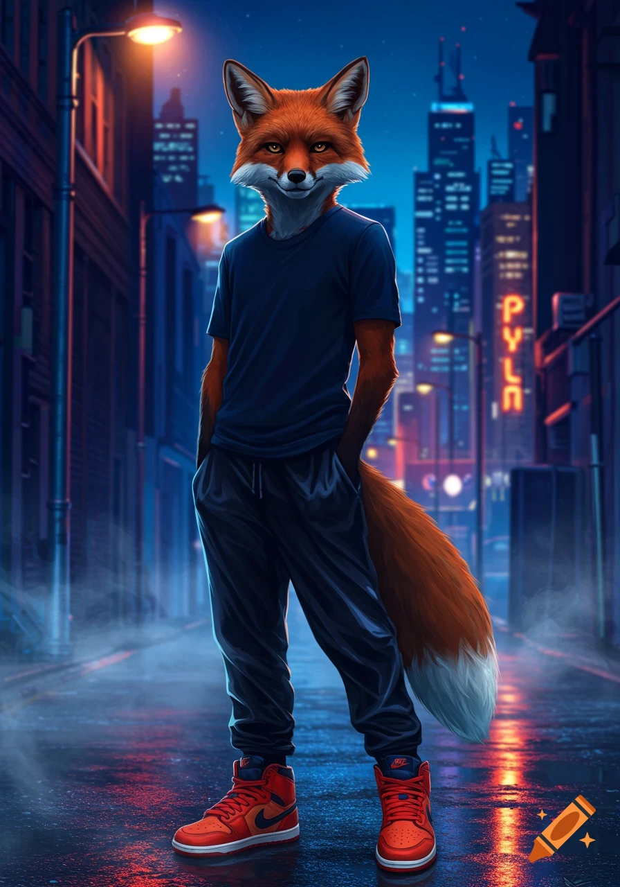 A stylish humanoid fox wearing a dark blue shirt, baggy tracksuit pants, and orange Nike shoes stands in a misty, neon-lit city alley at night.