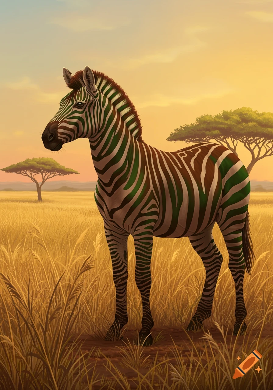 A brown and green striped zebra stands in a golden savanna with acacia trees under an orange sky, digital art.
