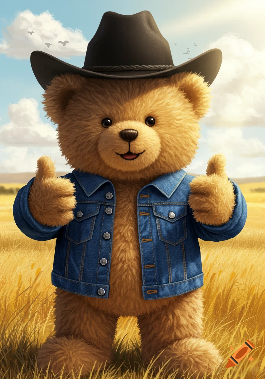 A fluffy teddy bear wearing a black cowboy hat and a blue denim jacket stands in a golden field, giving two thumbs up.