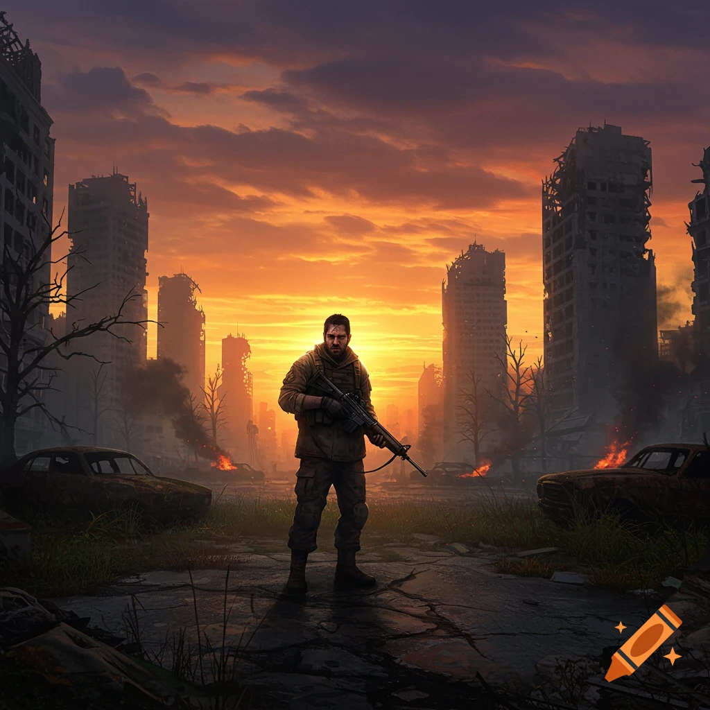 A lone soldier with a rifle stands in a destroyed, post-apocalyptic city at sunset with burning cars and rubble, digital art.