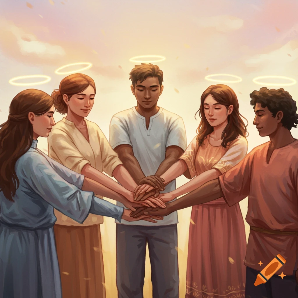 Five diverse people with halos stack hands together in a warm, illustrative scene of unity.