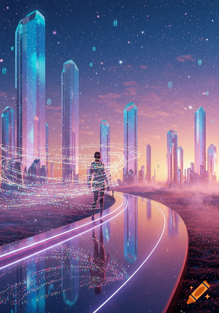 Person on reflective path towards glowing crystal city under starry twilight sky with floating digital zeros.