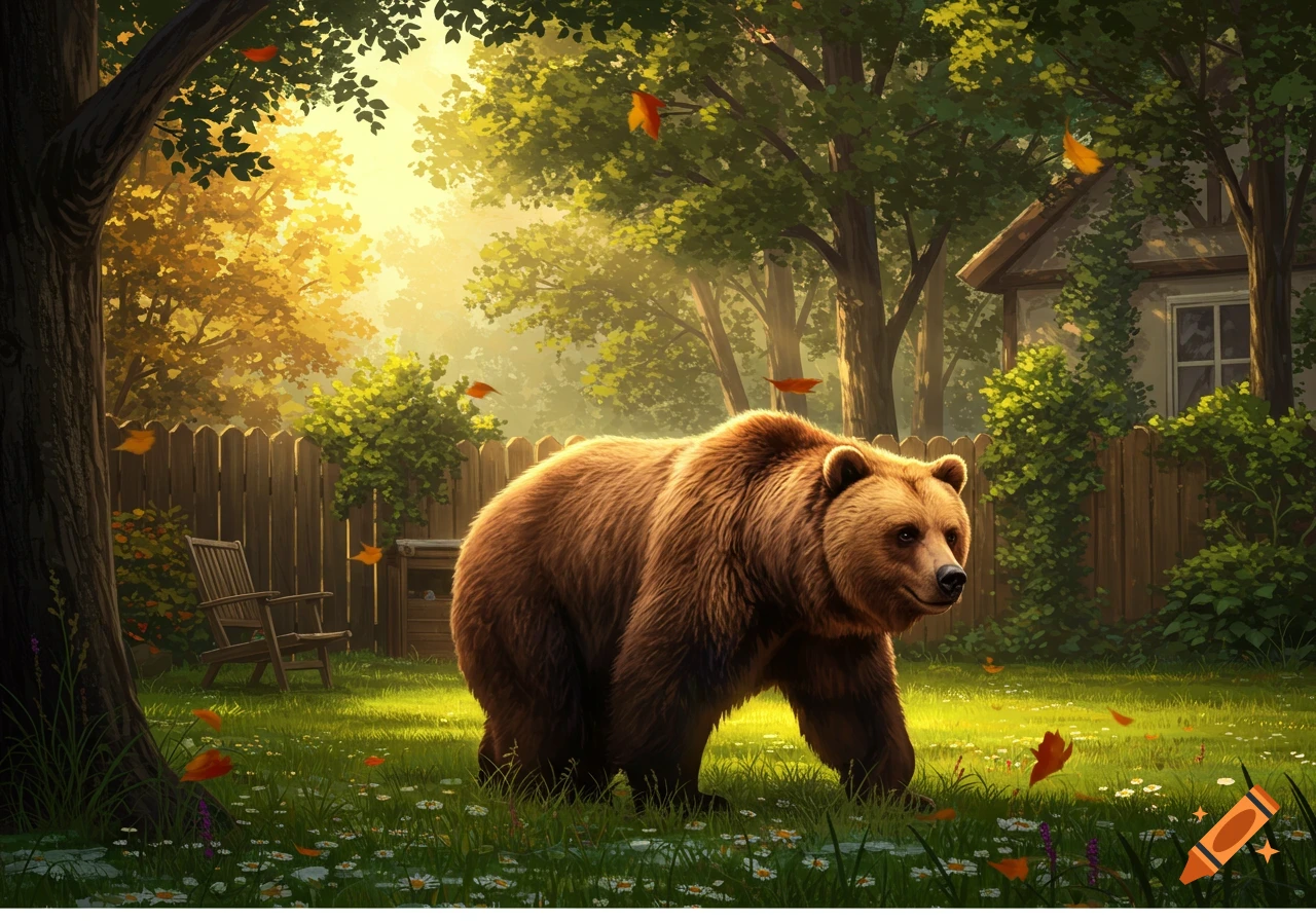 A large brown bear in a sunlit green yard with trees, a fence, and a house, rendered in an illustrative style.