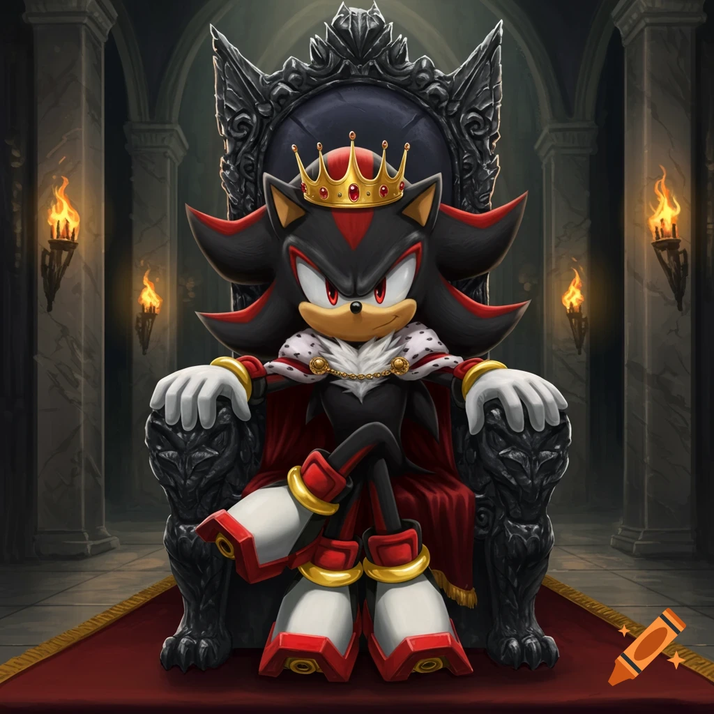 Shadow the Hedgehog wearing a crown and red cape, sitting regally on a dark ornate throne in a dimly lit castle hall with torches.