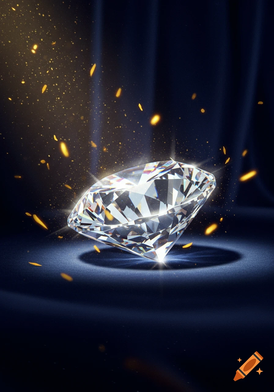 A sparkling diamond reflecting light on a dark blue surface with golden particles and light rays.