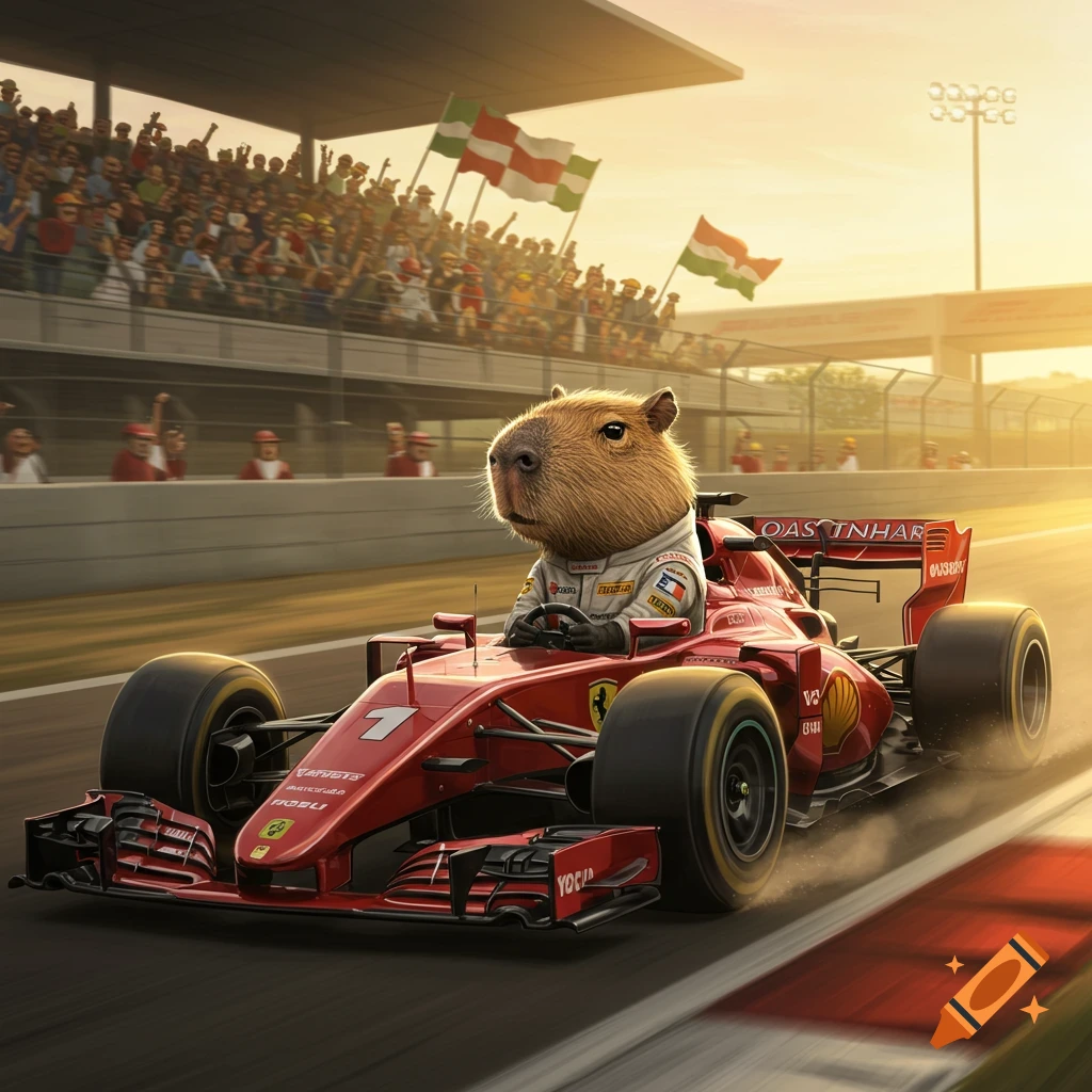 A cute capybara in a white racing suit drives a red Formula 1 race car down a track, with cheering spectators and flags in the background under a sunset sky.