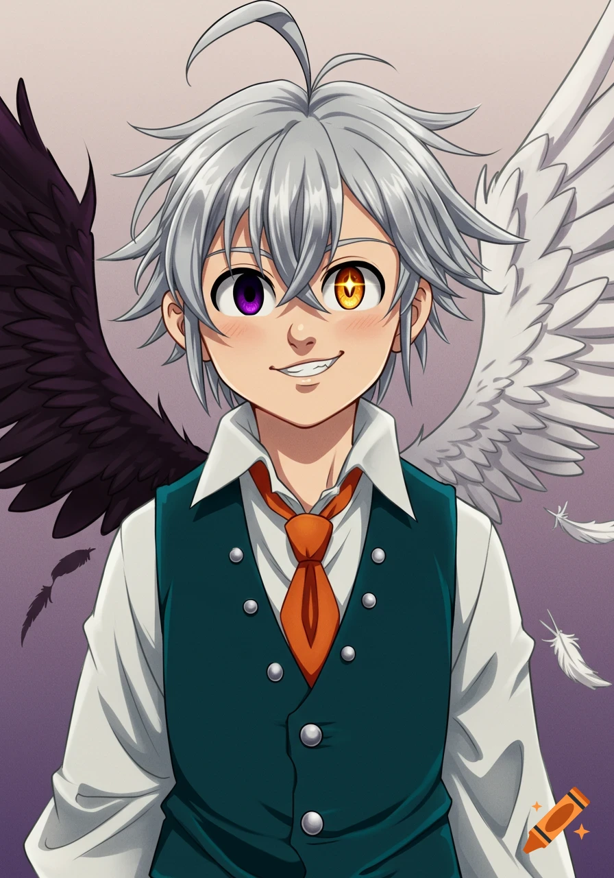An anime-style boy with silver hair, one purple eye and one orange eye, wearing a teal vest, with one black and one white wing. He is smiling.