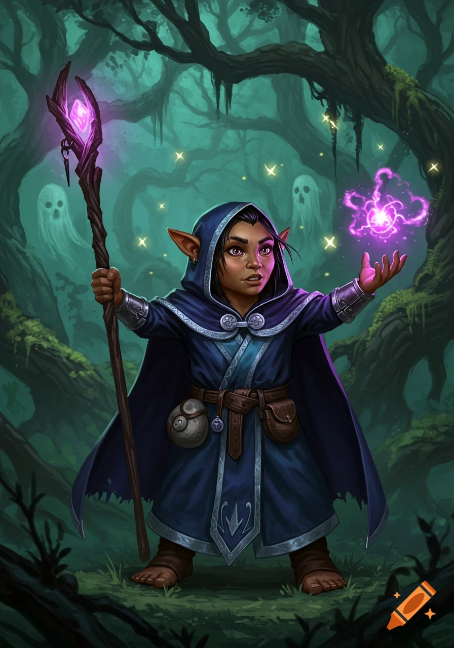 A fantasy illustration of a halfling warlock with a glowing staff and magic, standing in a mystical forest with faint ghost figures.