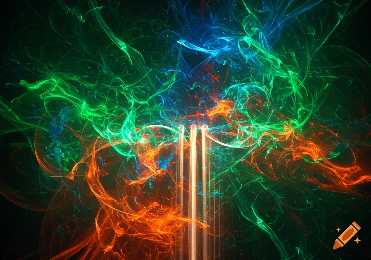 Abstract art with glowing green, blue, and orange wisps and three central vertical light beams on a dark background.