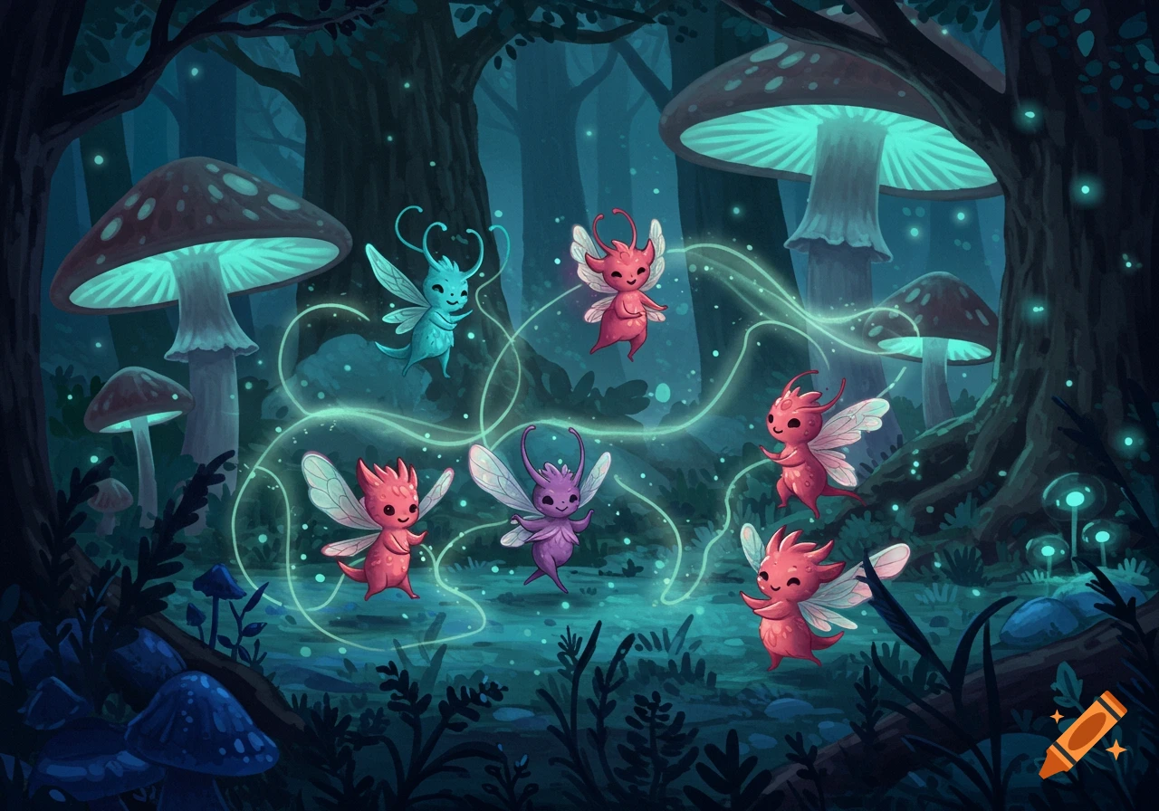 Cute cartoon fairies, red, purple, and blue, dance with glowing trails in a dark magical forest with luminescent mushrooms.