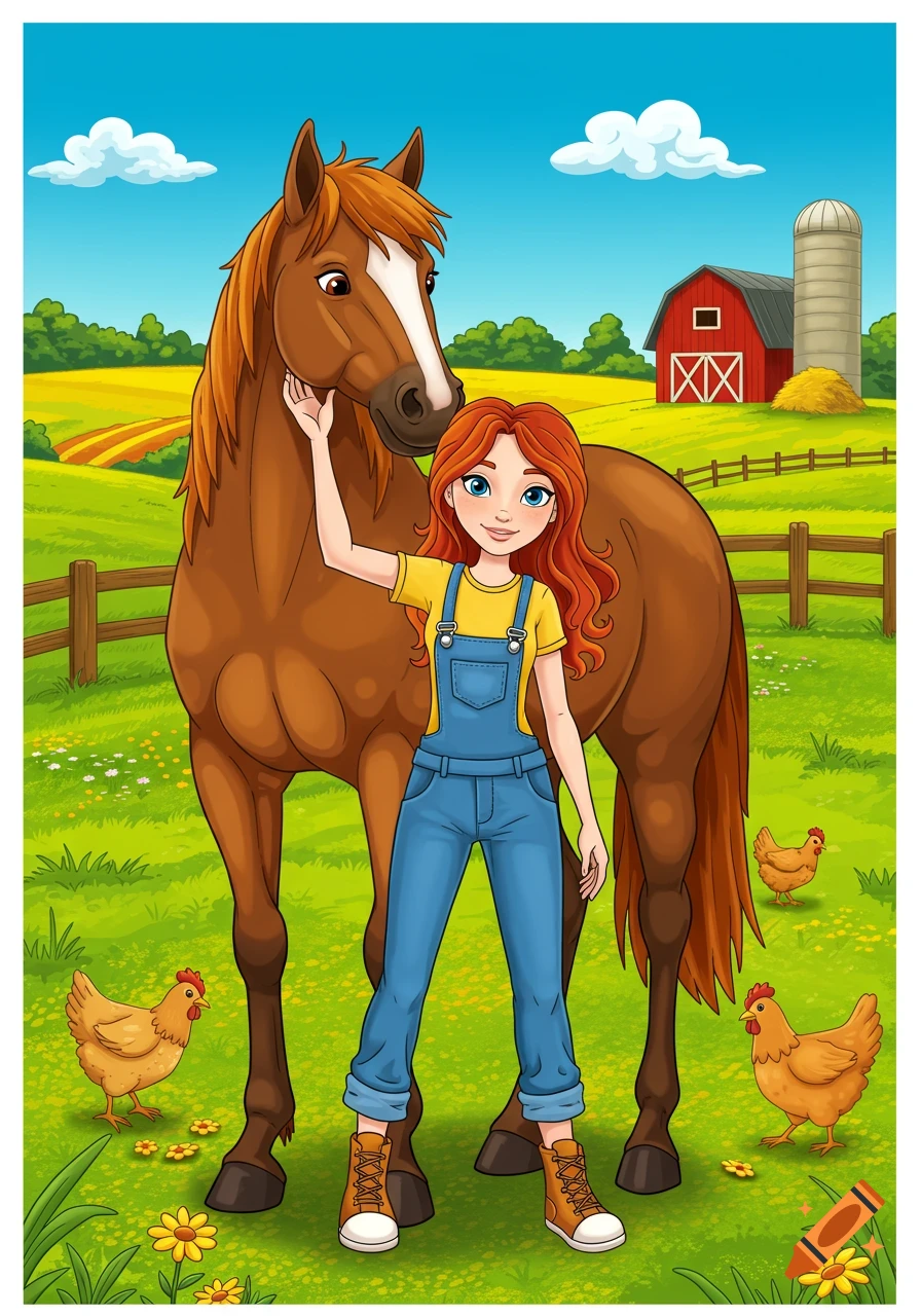 Cartoon illustration of a red-haired girl petting a brown horse on a green farm with a red barn and chickens.