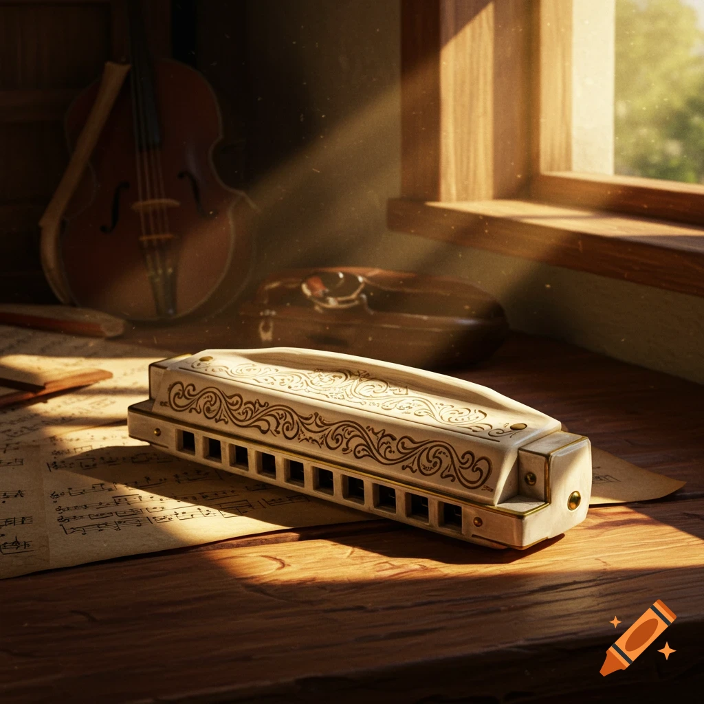 An ornate, light-colored harmonica rests on sheet music on a wooden table, bathed in warm sunlight from a window. A cello is visible in the background.