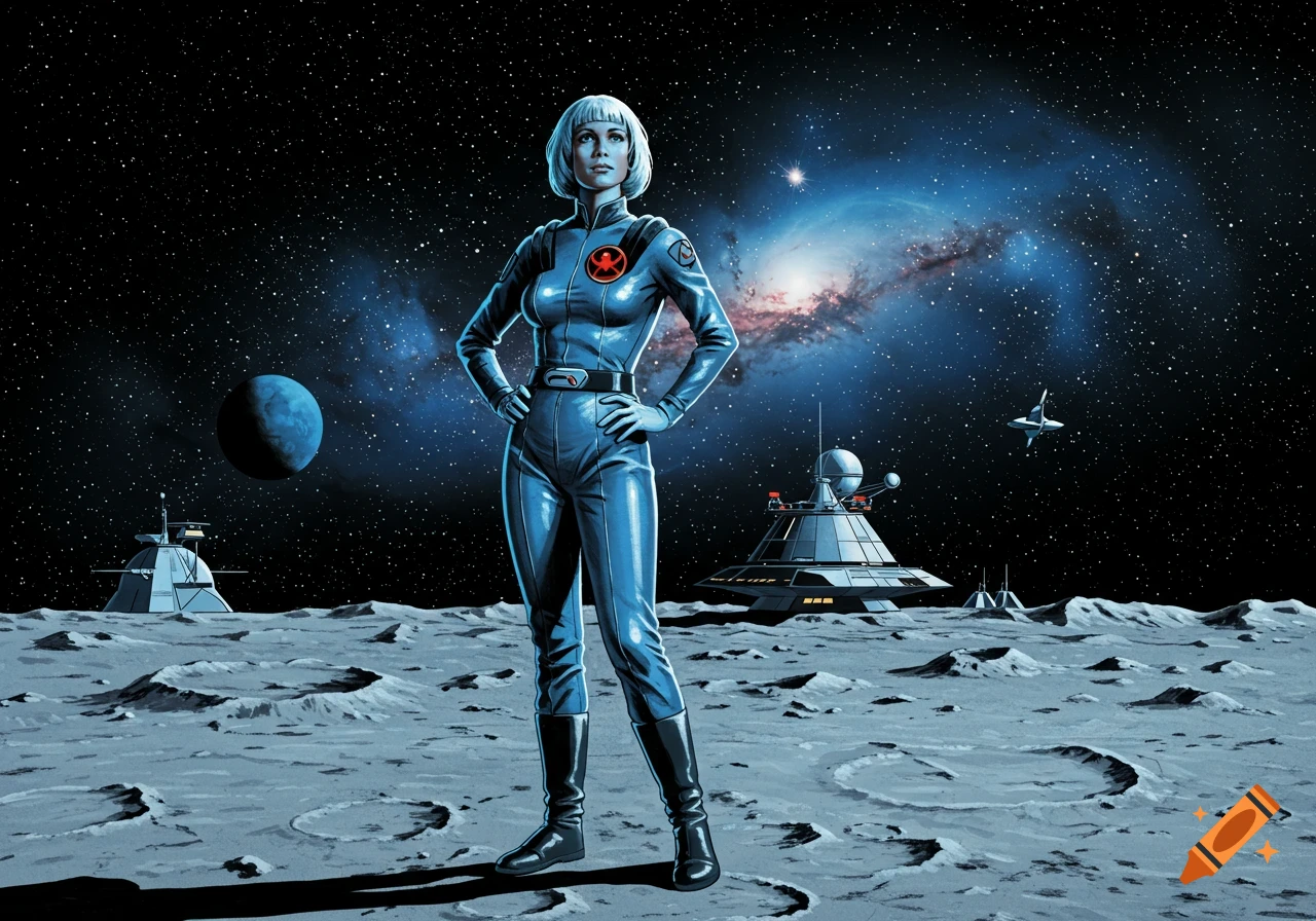 A woman in a blue spacesuit stands on a lunar surface with space stations, a planet, and a galaxy in the background, in a comic art style.