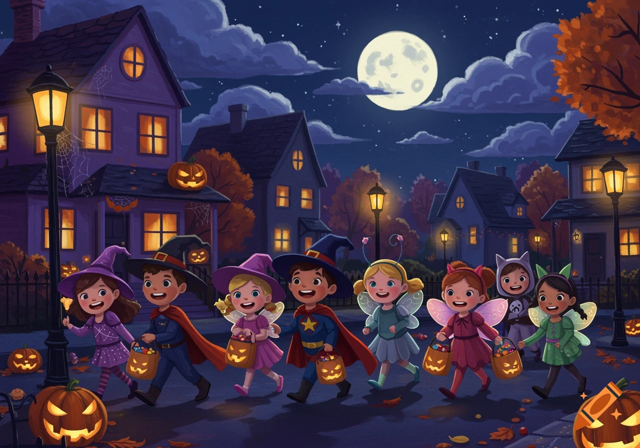 A group of happy cartoon children in various Halloween costumes trick-or-treat on a neighborhood street under a full moon.