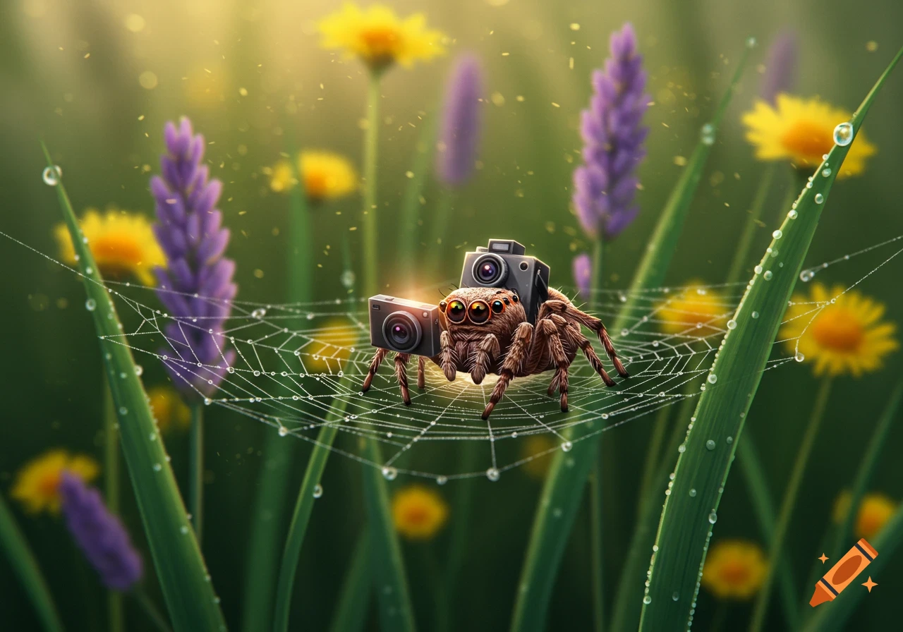 A cute, brown jumping spider with two cameras attached, sits on a dew-covered spiderweb in a field of green grass and colorful flowers.