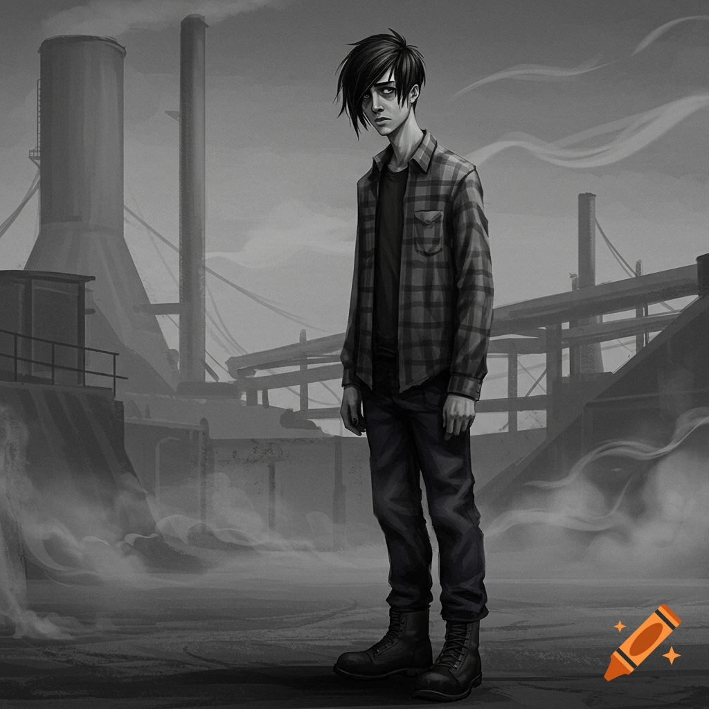A sad-looking emo man in a plaid shirt and boots stands in a grayscale industrial setting with smoke.