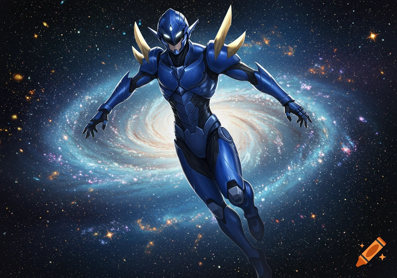 A person in blue and gold futuristic armor with glowing eyes flying through a vibrant galaxy with a spiral nebula.