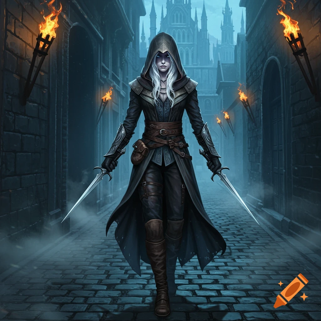 A white-haired female assassin in a dark hooded cloak holds two daggers in a misty gothic alley with torchlight.