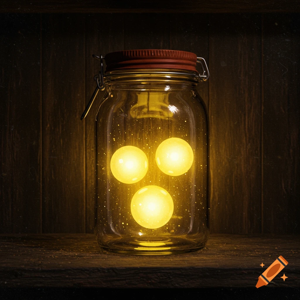 A semi-realistic mason jar with three glowing yellow orbs sits on a dark, dusty old wooden shelf.