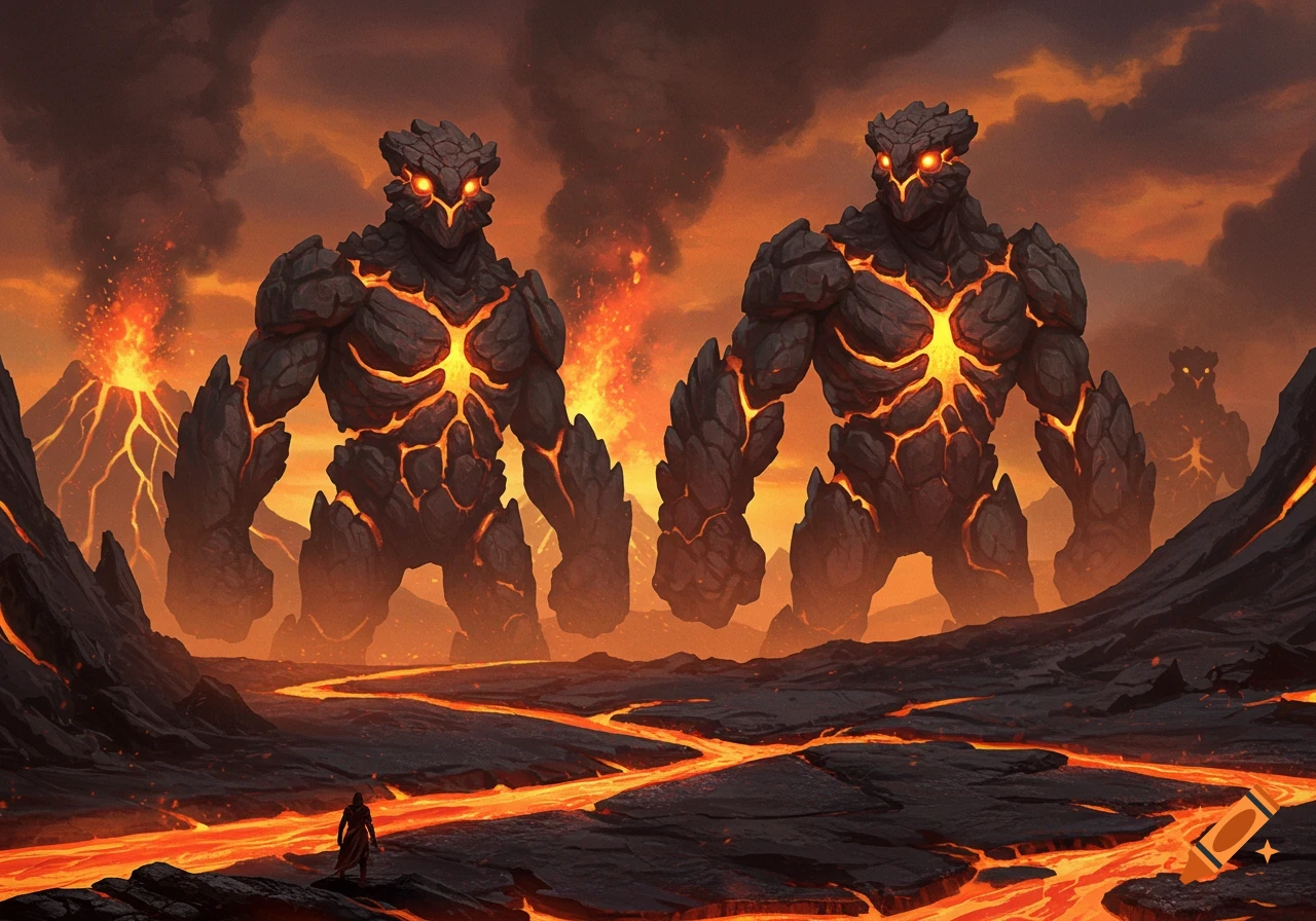 Two colossal lava rock monsters with glowing eyes and chests stand in a volcanic landscape with lava rivers and a small human figure.