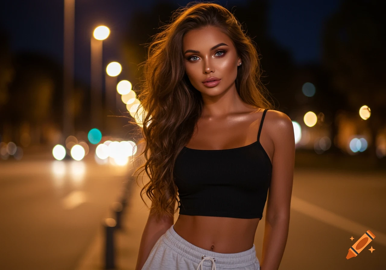 Photorealistic portrait of a young woman with long brown hair in a black crop top and grey sweatpants, on a city street at night.
