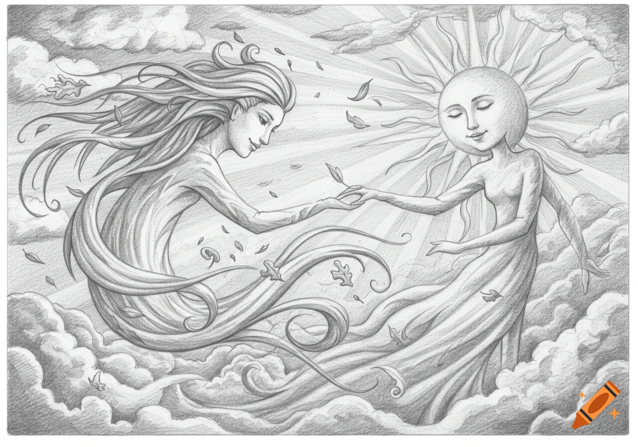 A stylized pencil drawing of the personified Wind and Sun reaching out to each other, surrounded by clouds and falling leaves.