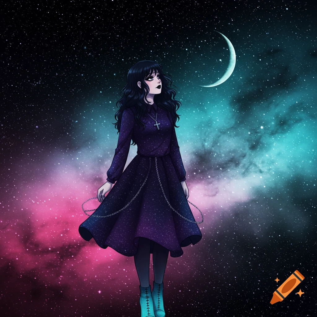 Anime girl with black hair and black lips in a dark purple glittery dress with a cross necklace and cyan boots, standing in a vibrant galaxy with a crescent moon and stars.