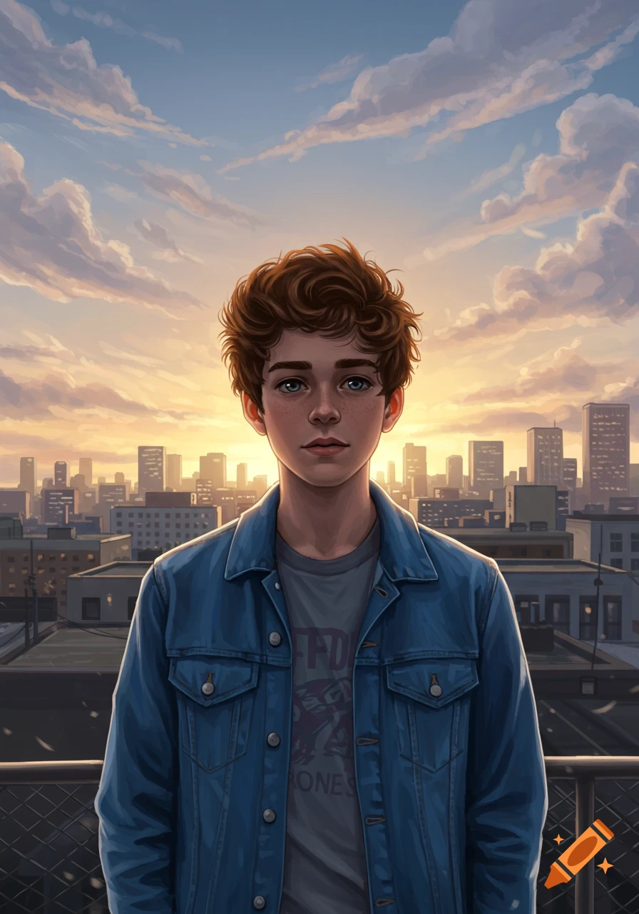 An illustrated boy with curly brown hair and blue eyes wears a denim jacket and stands on a city rooftop at sunset.