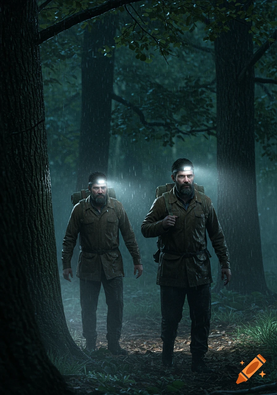 Two bearded men with headlamps and backpacks trek through a dark, rainy forest at night, photorealistic.