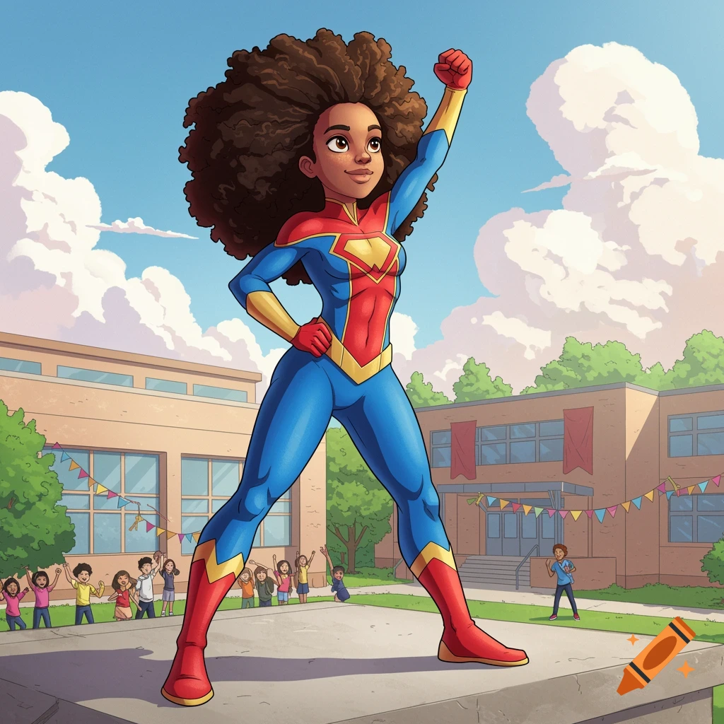 A cartoon Black superhero girl with curly hair stands heroically in a blue and red suit in front of a school with cheering children.