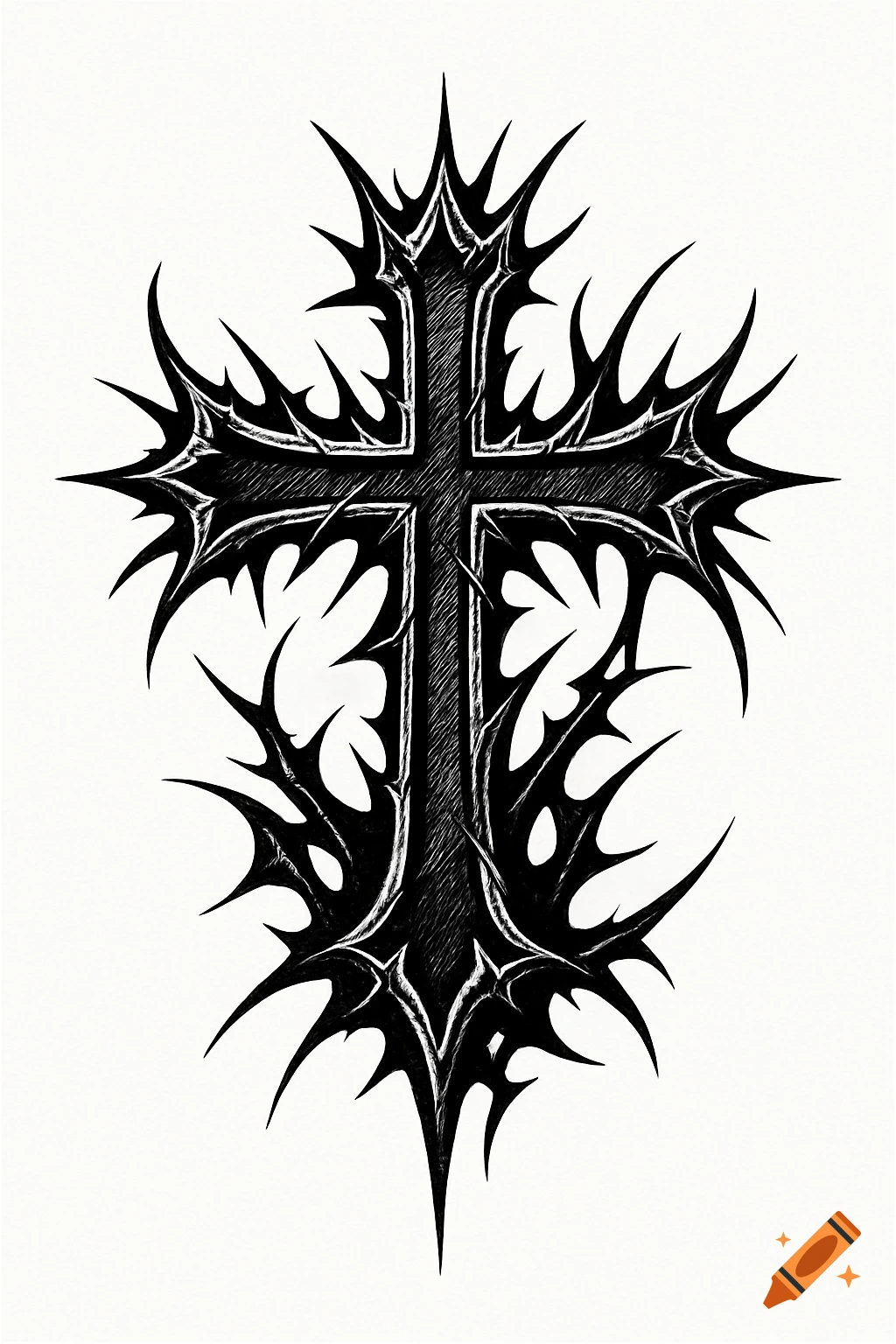 A black and white drawing of a jagged, spiky Christian cross in a tattoo stencil style.