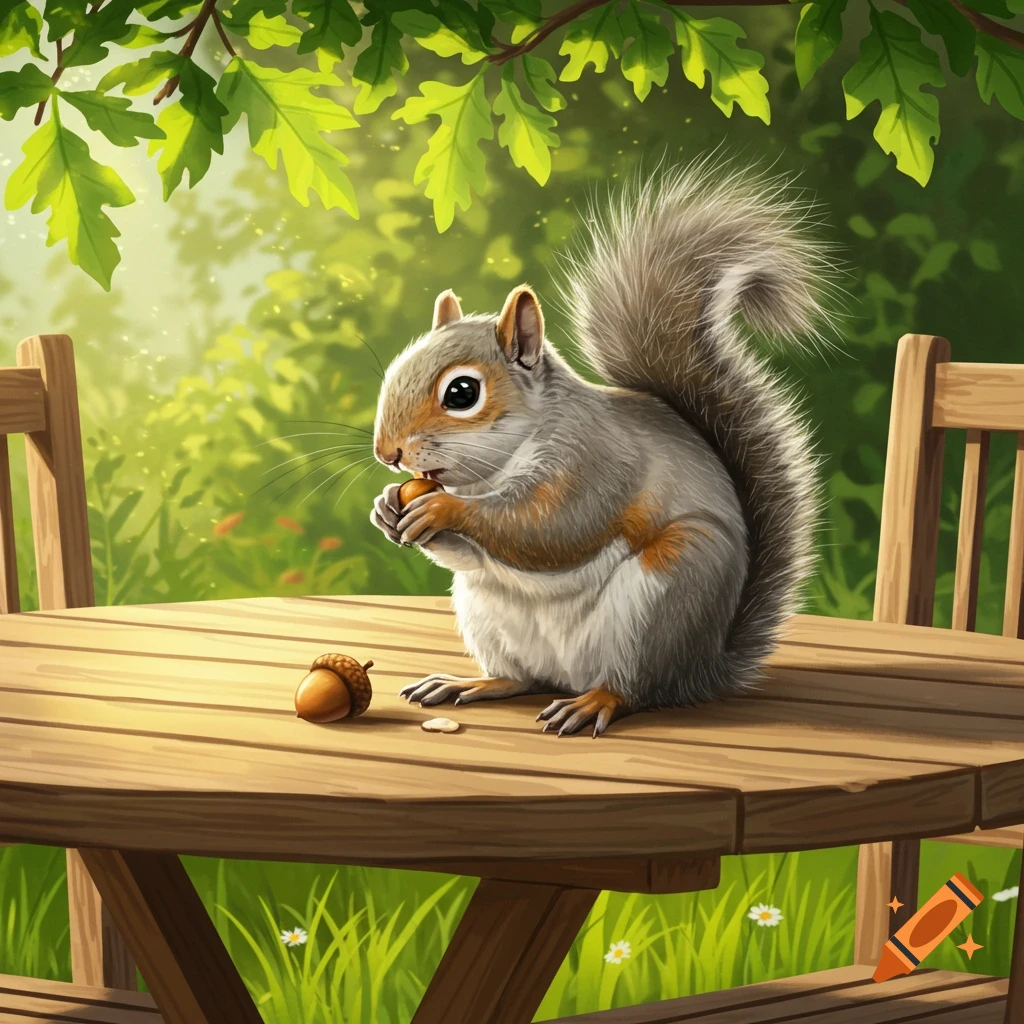 A grey squirrel sits on a wooden picnic table, holding and eating an acorn. Lush green foliage is in the background.