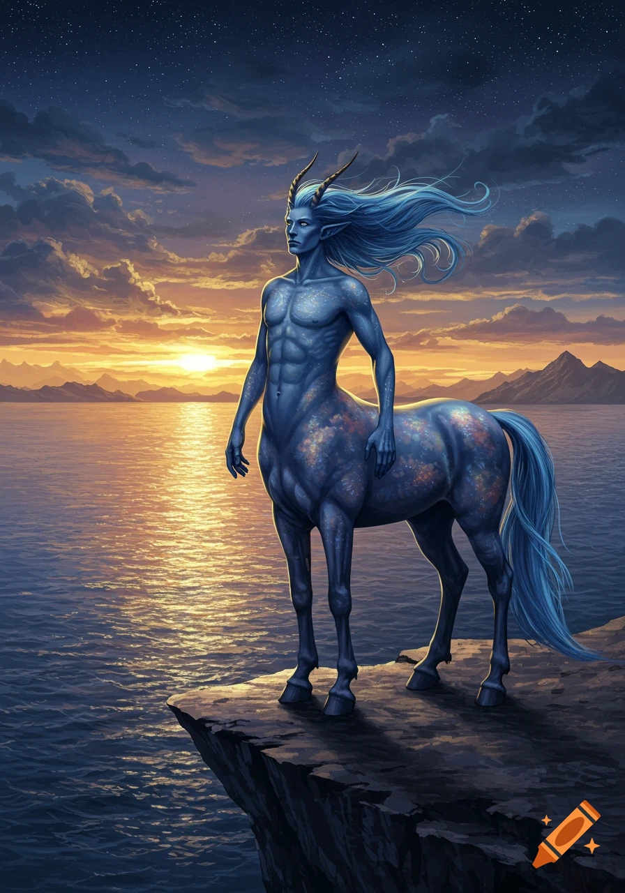 Detailed digital art of a blue centaur with horns and flowing hair on a cliff overlooking a sunset ocean under a starry sky.
