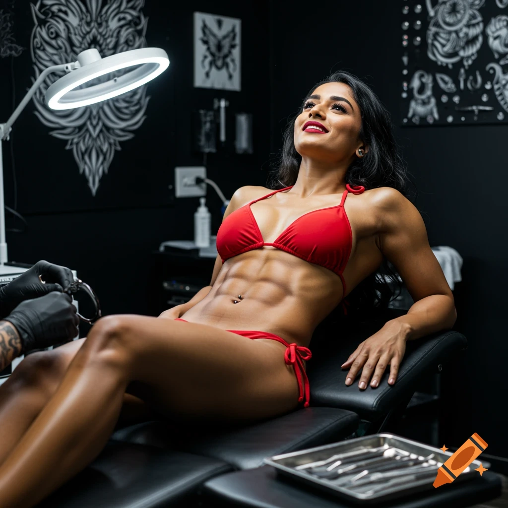 Photorealistic image of a smiling, muscular Indian woman in a red bikini, lying in a piercing parlor as a piercer prepares a navel piercing.